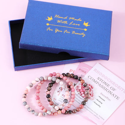 CMBYN 3-Pieces 6mm Natural Crystal Gemstone – ﻿Rhodochrosite, Pink Zebra, Pink Black Rhodonite Handmade Reiki Energy Healing Stretch Bracelets Jewelry for Yoga, Meditation, Unisex