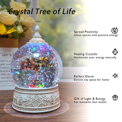 Tiger Eye Healing Crystal Tree Globe with Colorful Lights and Sparkling Glitter, Natural Gemstone Base, Spiritual Meditation, Positive Energy Good Luck, Home Decor, Birthday Gifts (Tiger Eye)