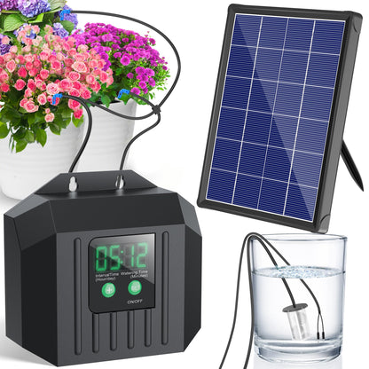 NFESOLAR 4W Solar Powered Automatic Drip Irrigation Kit with LCD Timer, Customizable Watering Duration 1–30min & Interval 3h–7d, Solar Irrigation System for 15 Potted Plants, Garden, Patio, Vacation