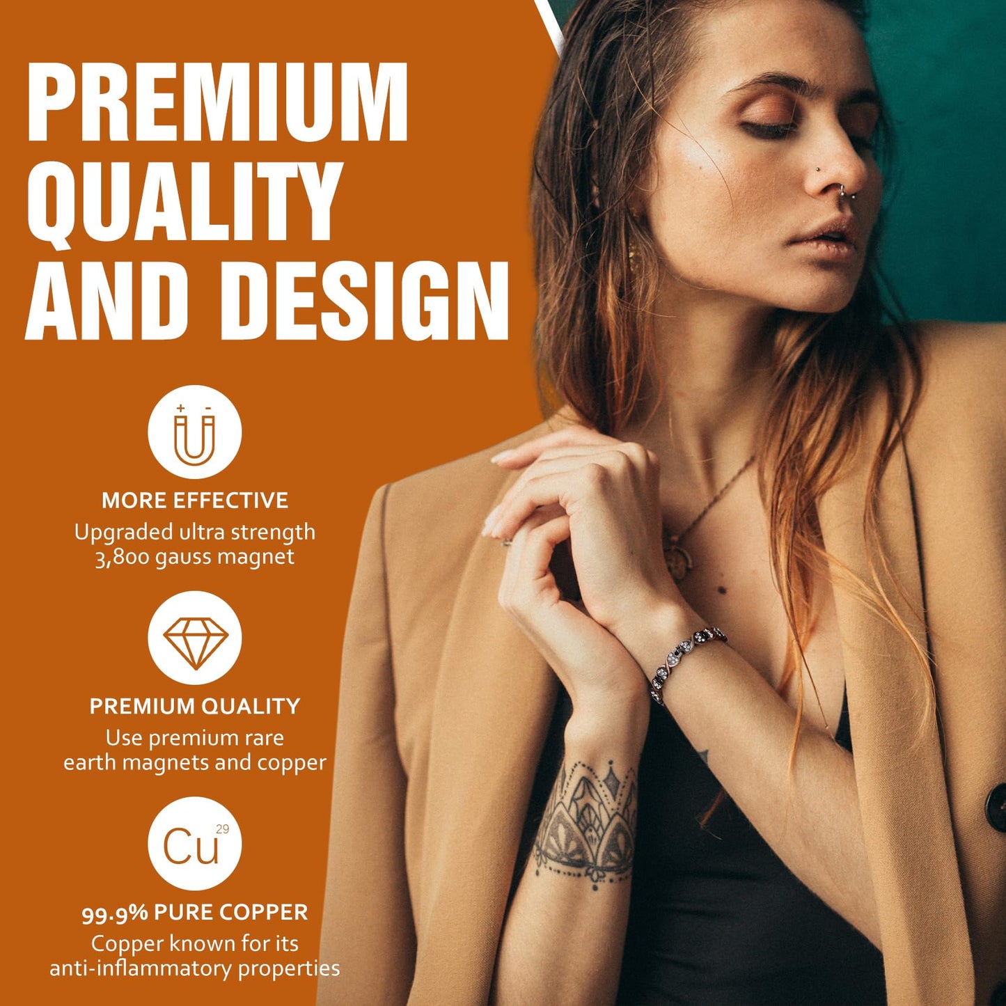 Jecanori Pure Copper Bracelets for Women, Heart Crystal Magnetic Bracelets for Women with 3800 Gauss Ultra Magnets and Sizing Tool