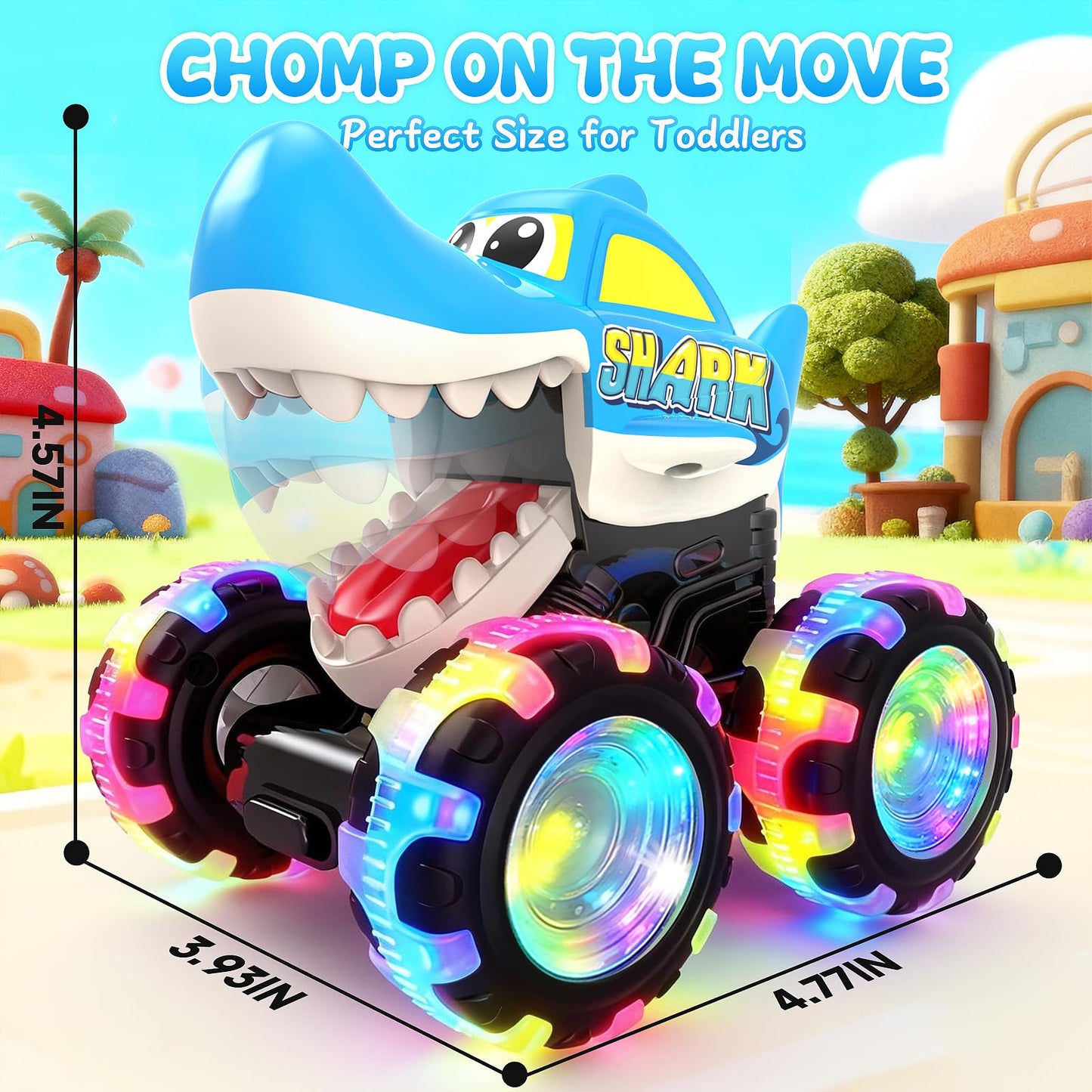 Pnooe Monster Truck Toys, 3 Pack Light Up Cars for Toddlers, Baby Animal Toy Trucks Dino Cars with LED Lightning Wheels, Press & Go Car with Moving Mouth for Kids Boys Girls Christmas Birthday Gifts