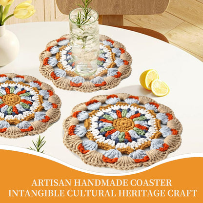 5.9 Inch Handmade Crochet Coaster, Non-Slip Cotton Drink Coaster with Oriental Traditional Nine-Color Deer Mural Motif, for Home Office Use, for Art Lovers & Housewarming
