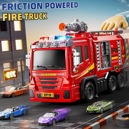 DULONIME Fire Trucks for Toddlers 1-3, Firetruck Toys for Toddlers 1-3 3-5, Folded Carrier Truck Race Track with 6 Racing Car Toys, Light Sound, Birthdays for Kids Girls Aged 3-9