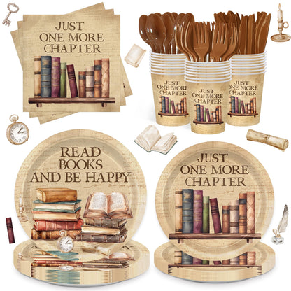 168pcs Vintage Book Party Plates Napkins Party Book Club Theme Birthday Supplies Library Reading Tableware Set Paper Cups Disposable Forks for Birthday Party Supplies Serve 24