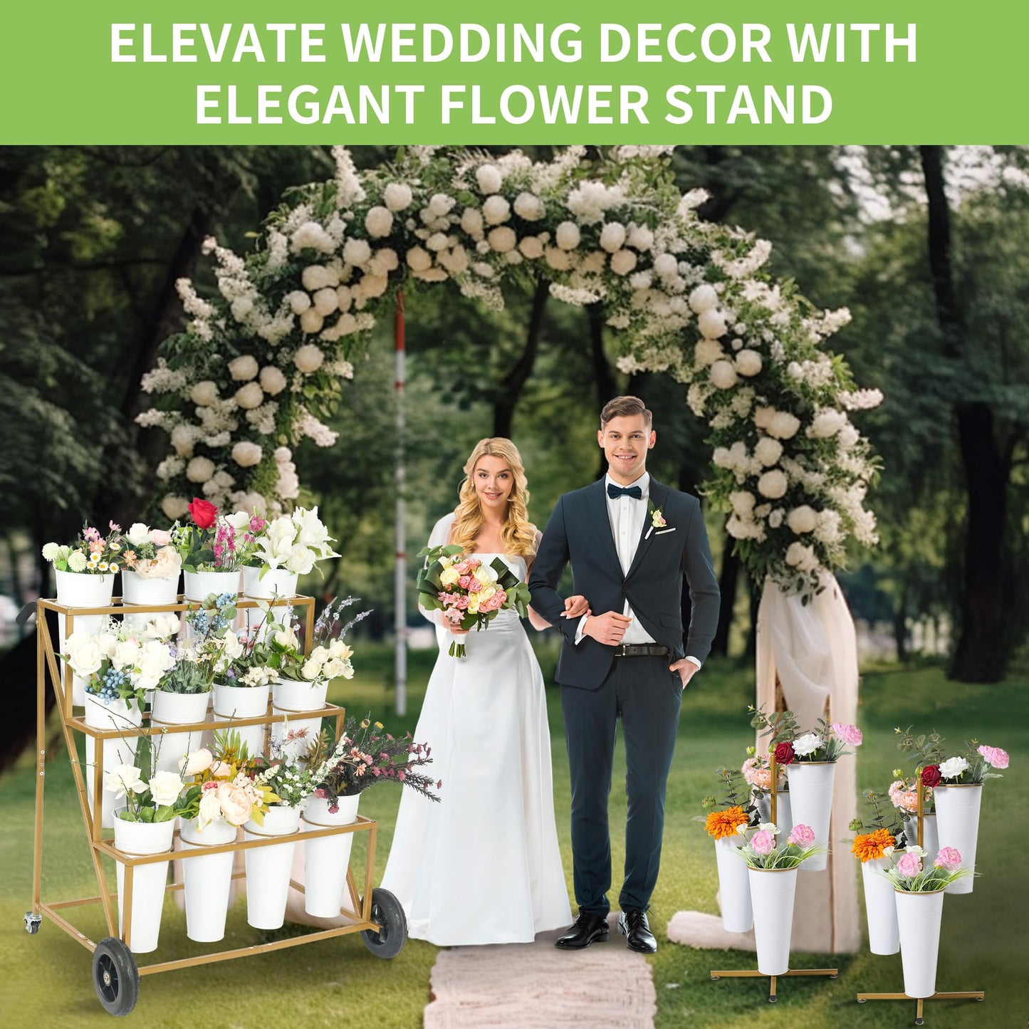 Ruifabo Flower Bar Stand with 12 Iron Buckets - Flower Display Stand with Big Wheels - Hand-Pushed Moving Flower Cart for Garden and Wedding - 3 Layers Gold Florist Bouquet Holder