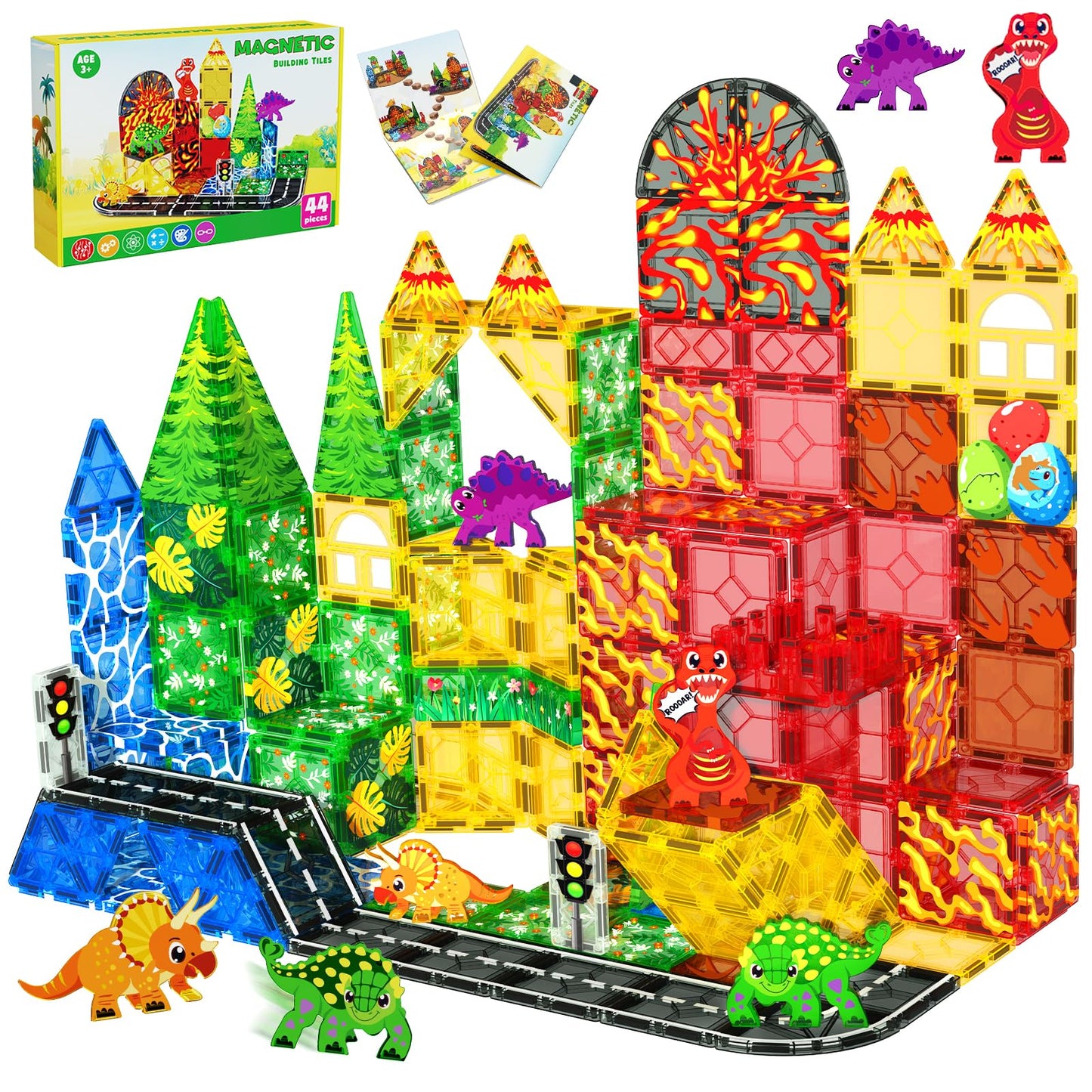 Magnetic Tiles with 4 Dinosaur Toys - Jurassic Scenes Dino World Magnet Tiles for Kids, Magnetic Building Blocks Set for Boys Girls Ages 3+, Sensory Toddler Creative Games Birthdays Gifts