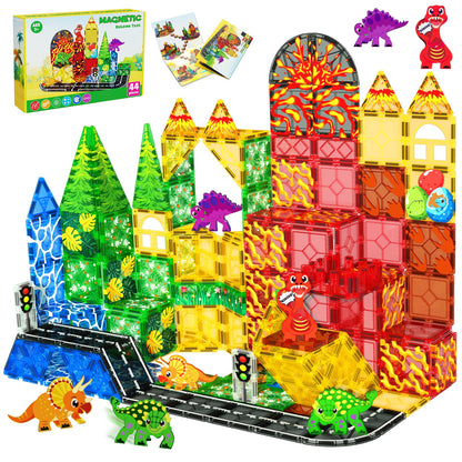 Magnetic Tiles with 4 Dinosaur Toys - Jurassic Scenes Dino World Magnet Tiles for Kids, Magnetic Building Blocks Set for Boys Girls Ages 3+, Sensory Toddler Creative Games Birthdays Gifts