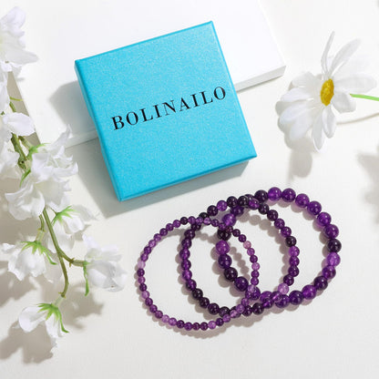 Bolinailo 3Pcs Natural Healing Crystal Bracelets for Women Men, 4mm 6mm 8mm Beaded Stretch Bracelet Set, Amethyst Natural Stone Gemstone Jewelry Gifts for Meditation, Reiki & Yoga