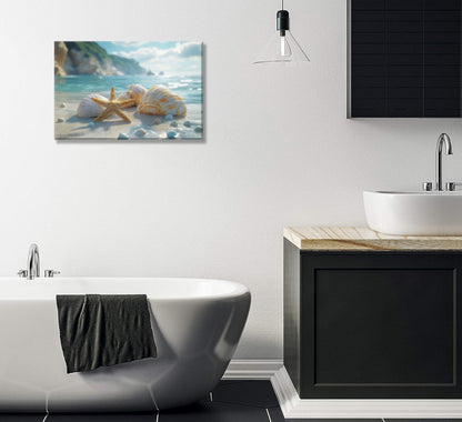 NGXIPUST Blue Coast Beach Canvas Wall Art Ocean Starfish Conch Seashell Paintings Pictures Wall Decor Summer Seaside Theme Poster Printing Artwork for Bathroom Bedroom Living Room Home Decoration