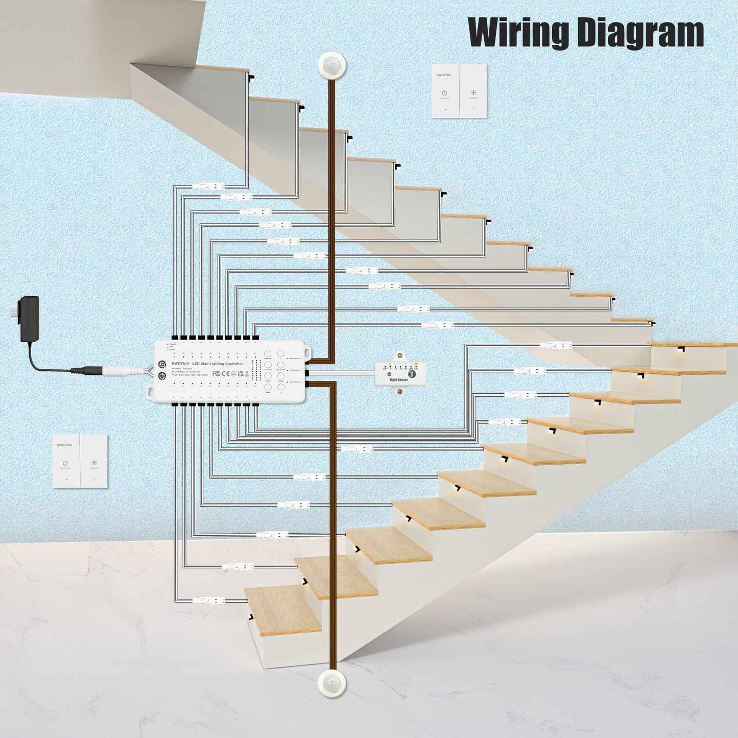 RWOFNIA Motion-Activated LED Stair Lighting Kit RW-5620-B, Warm White 2700K Mini LED Light Bulbs Suilt For Indoor Carpeted Or Wooden Staircase (8 Bulbs)