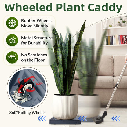 REDHUGO 2PCS Square Plant Caddy with Hidden Wheels, Heavy Duty Rolling Plant Stand Caddy with Wheels, Pot Base for Indoor Outdoor, Gray, 9.96 inches