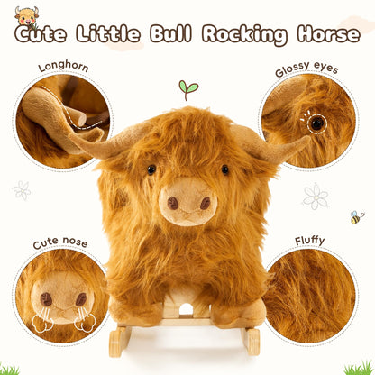 Baby Rocking Horse,Highlander Cattle Wooden Rocking Horse for Toddlers 1 Year Old Cute Cow Stuffed Plush Ride-on Toy Rocking Animal for Baby Boys and Girls Nursery/Child Christmas or Birthday Gift