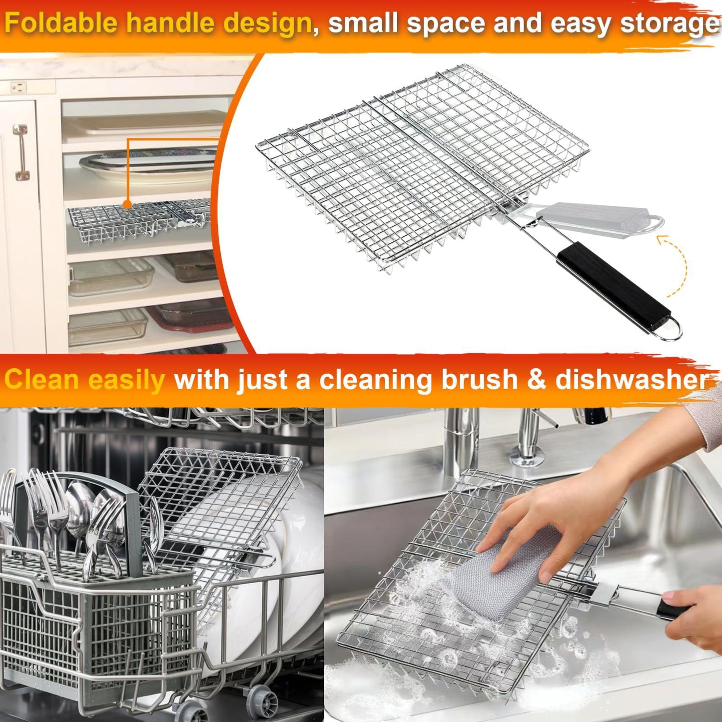 Grill Basket for Outdoor Grill, Stainless Steel Grilling Basket with Foldable Handle, Portable BBQ Cooking Rack for Fish, Vegetables, Shrimp, Chicken - Includes BBQ Skewers 6pcs,Basting Brush,Scrub Sponge-Upgrade