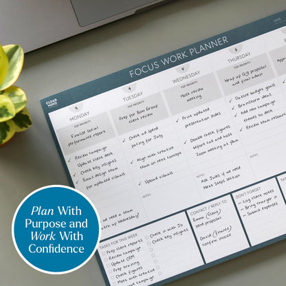 Clear Mind Concepts Focus Work Planner - Weekly Productivity Desk Organizer, 52 Undated Tear-Off Sheets, Mon-Fri Layout, 11.7” x 8.3” - Track Priorities, Tasks, Notes & Goals for Office & Remote Work
