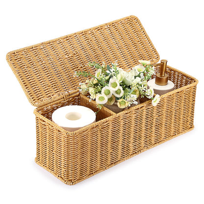 Sumnacon Wicker Storage Basket with Lid, Rectangular Narrow Baskets for Bathroom, Farmhouse Imitation Rattan Bin with Dividers, Decorative Handwoven Tray Organizer for Countertop Shelves Toilet Tank