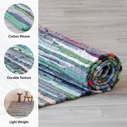 HOMEMONDE Boho Chindi Rag Rug 20"x32" Multi Green Recycled Soft Cotton Fabric Hand Crafted Reversible Boho Rugs for Entyrway, Doormat, Kitchen, Bedroom, Living Room
