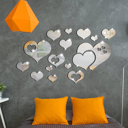 Zonon 17 Pieces Heart Mirror Wall Decal 3D Acrylic Heart Mirrors Wall Art Decor Removable Sticker for Living Room Bedroom Home Decoration