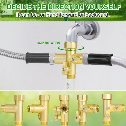 Breezliy Heavy Duty Metal 2 Way Type Garden Hose Splitter,3/4" 1.6MPa High Flow Spigot Faucet Connectors,with Shut-Off Valves, Comfort Grip,with washers&tape