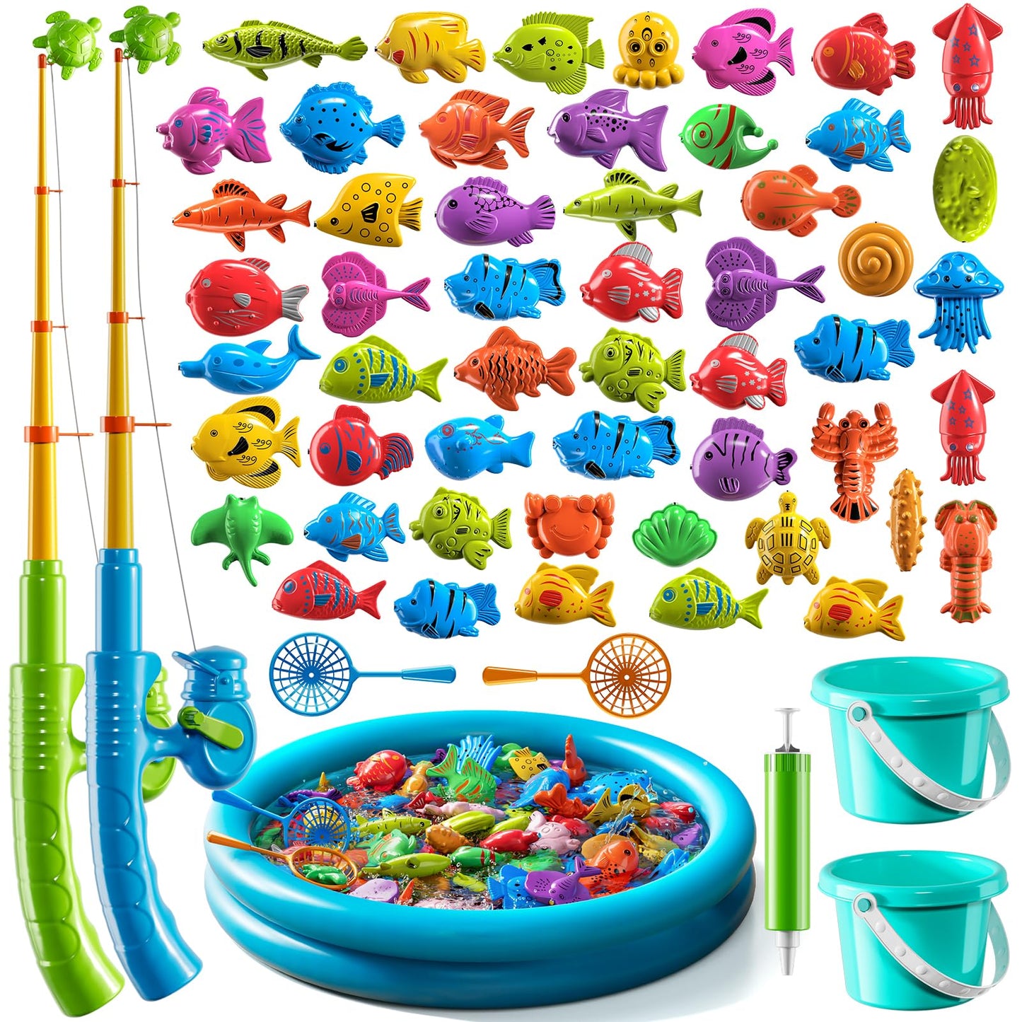 Magnetic Fishing Game Pool Toys for Kids 3 4 5 6 7 8, Water Table Bathtub Toys with Inflatable Pool, Bath Toys for Toddlers, Summer Outdoor Indoor Magnetic Fishing Toys Gifts for Boys Girls 3-5 4-8