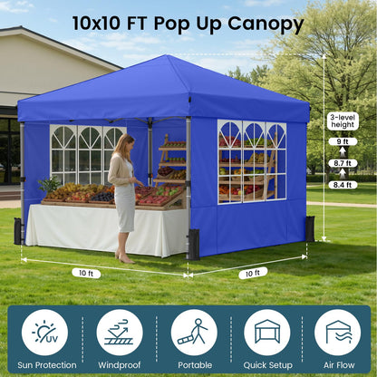 Raynesys Pop Up Canopy Tent with Sidewalls, 10x10ft 10 Person Party Tent One Push Setup, Portable Gazebo Outdoor Sun Shade for Events, Parties, Camping, Commercial, Silver Coated Top, Blue