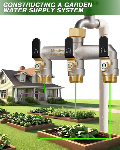 3 Way Hose Splitter Heavy Duty, Garden Hose Splitter with 3 Long Handle, Full Flow Brass Nickel Plated Water Hose T Spigot Splitter Adapter Connector, 3/4 - Inch GHT Thread (Black)