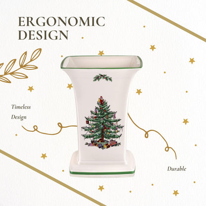Spode Christmas Tree Square Vase, 8-Inch Festive Vase for Flowers & Holiday Decor - Fine Earthenware Centerpiece for Christmas Table, Mantle, Seasonal Floral Arrangements, Dishwasher Safe