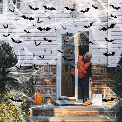 Famoby 1200 sqft Halloween Spider Webs and 120pcs Fake Bats and 50pcs Fake Spiders Super Stretch Cobwebs Party Decorate for Halloween Theme Indoor and Outdoor Decoration