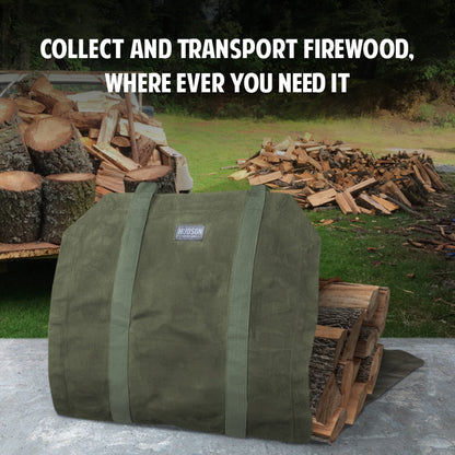 HDG Premium Quality 16oz Waxed Canvas Firewood Bag - 19x19 Inches Water Repellent Fireplace Log Carrier & Firewood Holder with Reinforced Webbed Cotton Straps - Lays Flat to Load - Green Storage Bag