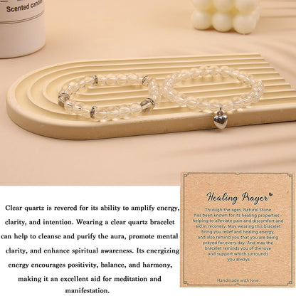 GDLKPYHS Healing Bracelets for Women - Clear Quartz Bracelet - Healing Prayers Crystal Bracelet, 8mm Natural Stone Stress Relief Yoga Beads Get Well Soon Gifts