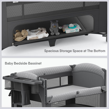 Obee Odee 4 in 1 Baby Bassinet, Pack and Play, Bedside Crib Sleeper, Diaper Changer - Comes with Mattress, Mosquito Net, Bottom Storage and Toy Bar for Newborn to Toddles