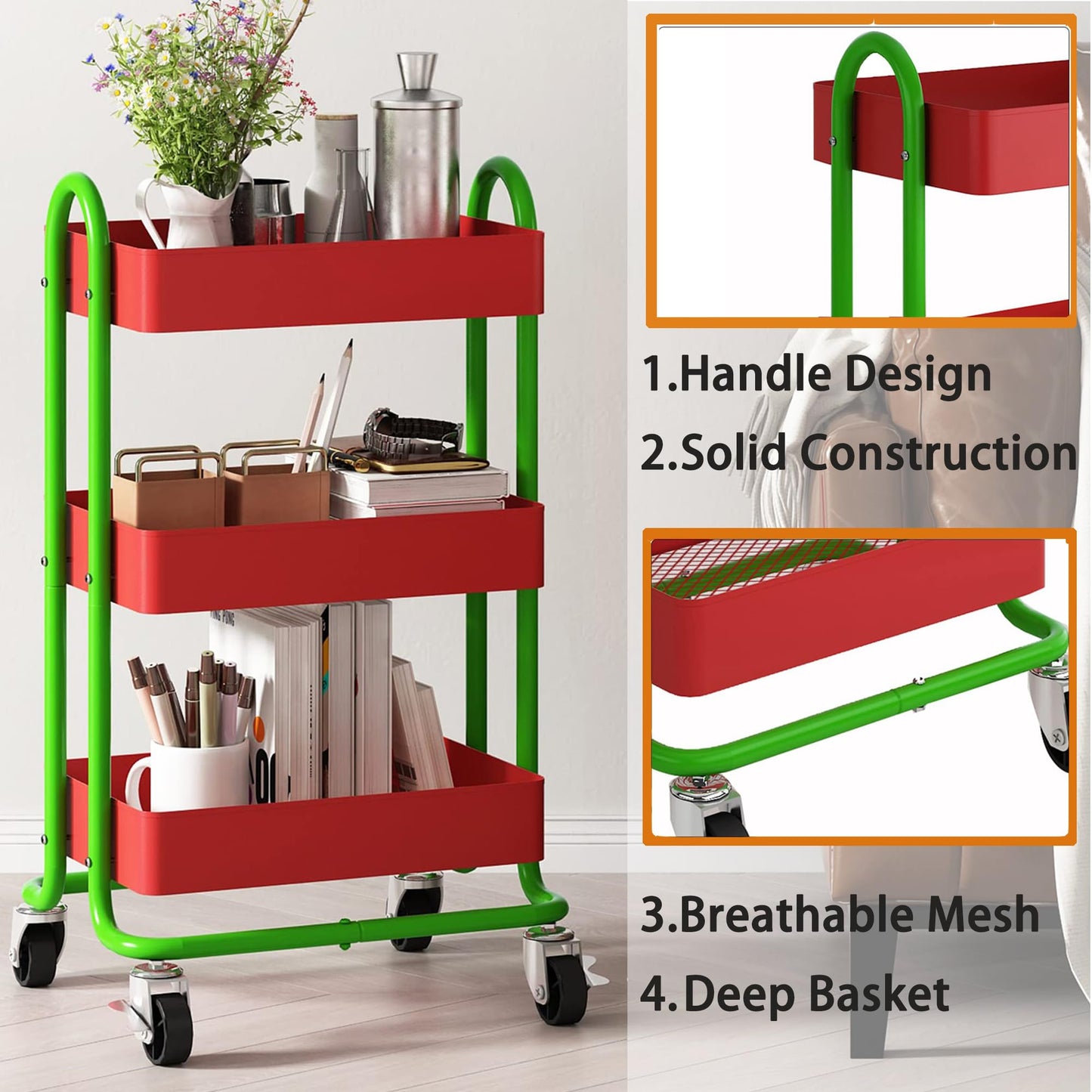 Elitehouse Metal Rolling Cart,3-Tier Metal Rolling Cart with Wheels,3 Tier Utility Cart with Wheels for Office,Home,Kitchen,Garden（13.4"x18.1"x31"） Red+Green