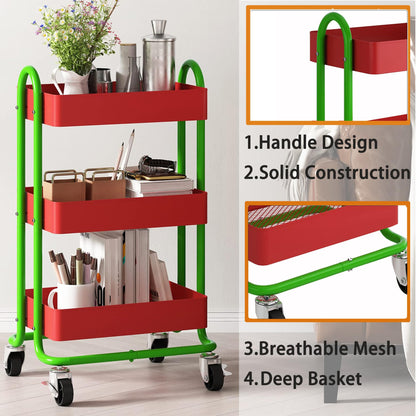 Elitehouse Metal Rolling Cart,3-Tier Metal Rolling Cart with Wheels,3 Tier Utility Cart with Wheels for Office,Home,Kitchen,Garden（13.4"x18.1"x31"） Red+Green