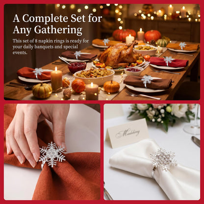 Christmas Napkin Rings Set of 8, Snowflake Metal Napkin Ring Holders, Silver Napkin Buckles for Christmas Table Decor, Holiday Party Dinner Wedding Banquet Table Settings Accessories