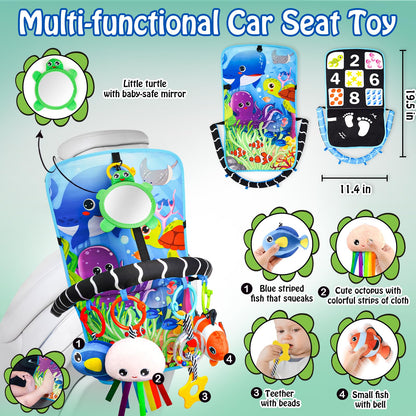 Innofans Baby Car Seat Ocean Animals Toys - Kick and Play Double Sided Infant Car Seat Toys with Plush Toys, Mirror, Teether for Baby Travel Activities, Christmas Birthday Gifts Newborn Infant Toy