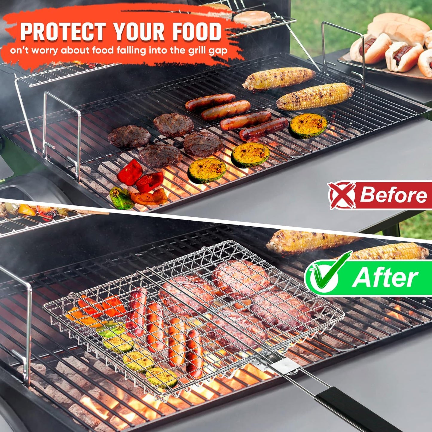 Grill Baskets for Outdoor Grill|Stainless Steel Large Grilling Basket with Removable Wooden Handle|Fish Grilling Basket Grilling for Meat,Steak,Vegetables & Seafood| Grilling Gifts for Dad/Men,Perfect Grilling Accessories