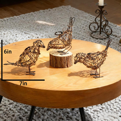 ZZZ TYLOO 3PCS Bird Statue Farmhouse Decor Set - Christmas Ornament - Handwoven Natural Rattan Bird Figurines Table Decor, Multi-Pose Shelf & Mantel Accents