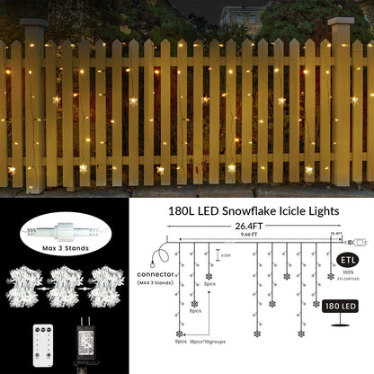 LitTerra Icicle Lights for Outside 180 LED 26.4ft 30 Drops Icicle Christmas Lights Outdoor Snowflake with 8 Mode Function Curtain String Lights Indoor for Patio Garden Bedroom (no Remote, 1)