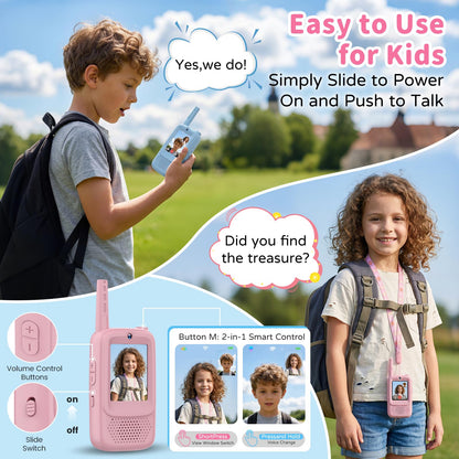 Video Walkie Talkies for Kids, 2 Pack Rechargeable Long Range Walkie-Talkie with HD Camera, Birthday Gift Toys for Girls Boys Ages 3-12 Indoor Outdoor Toys for Family Games, Camping, Hiking, Pink