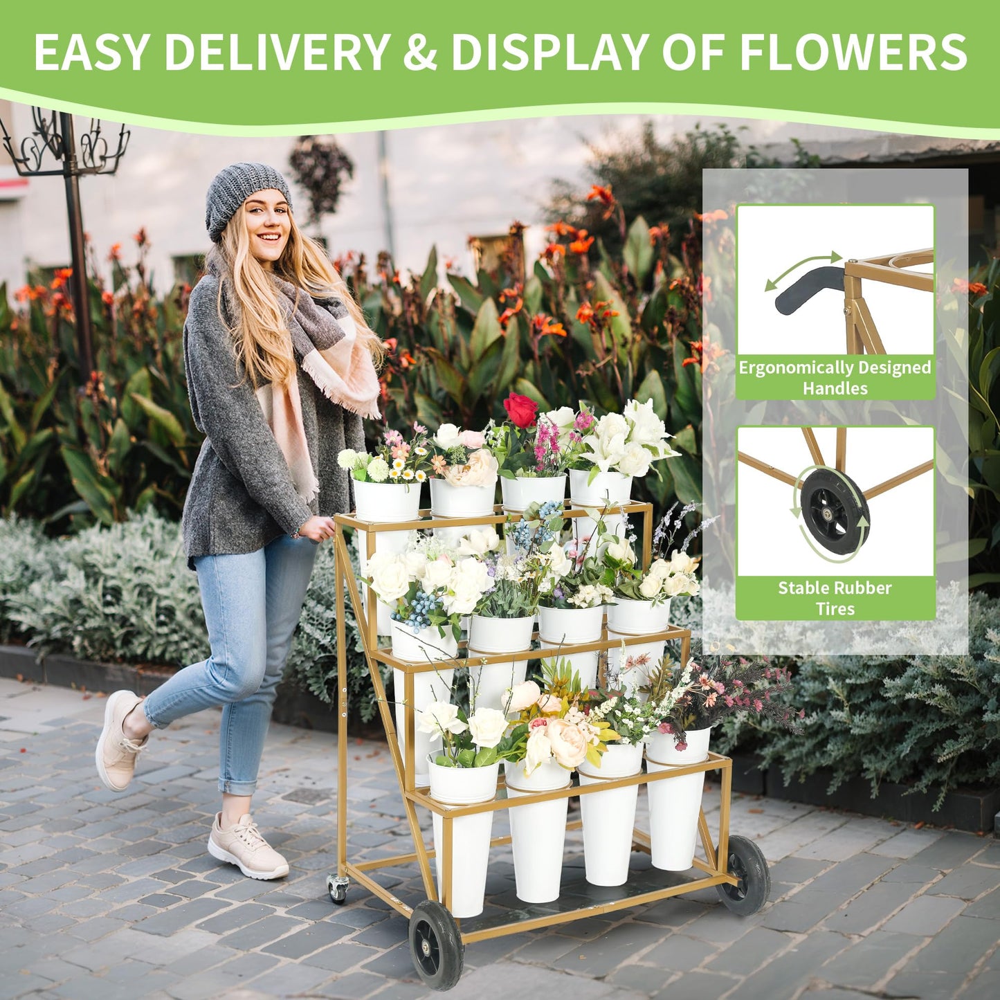 Ruifabo Flower Bar Stand with 12 Iron Buckets - Flower Display Stand with Big Wheels - Hand-Pushed Moving Flower Cart for Garden and Wedding - 3 Layers Gold Florist Bouquet Holder
