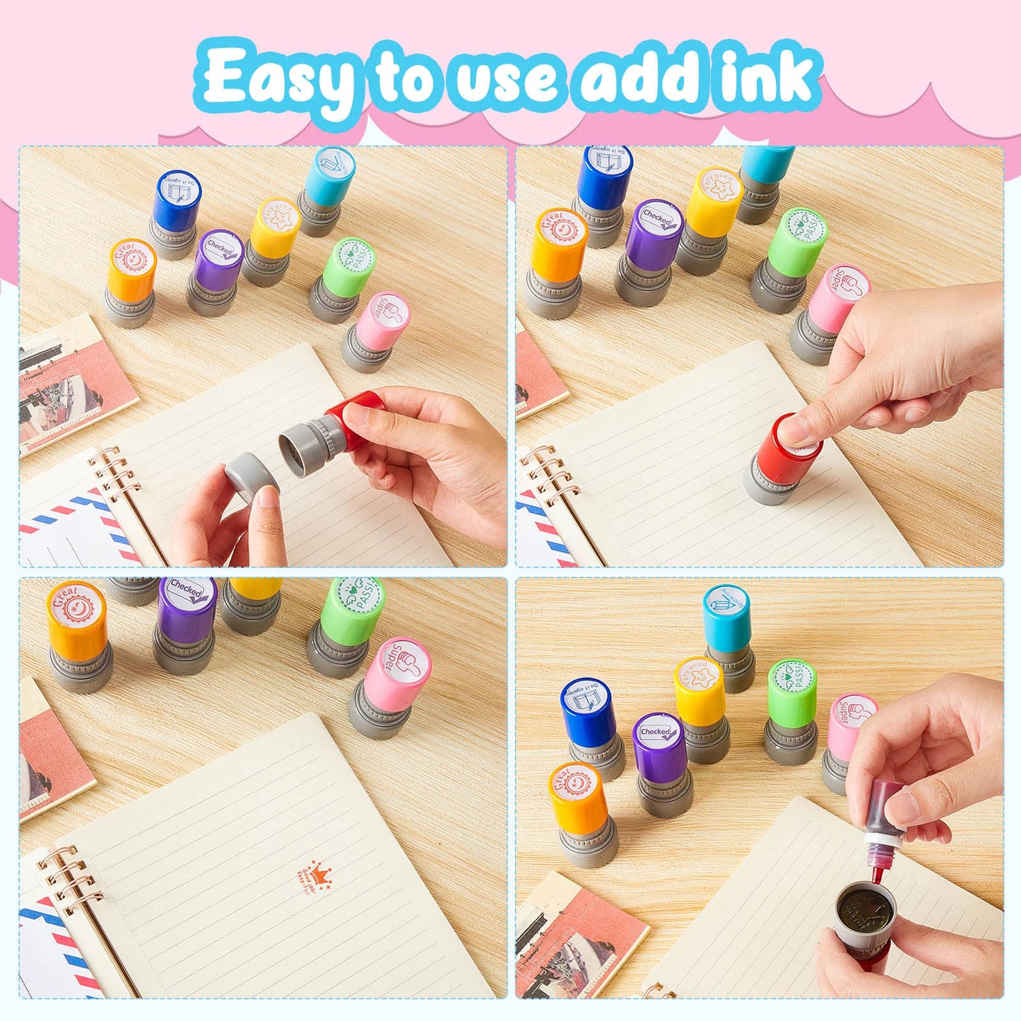 Leinuosen 8 Packs Teacher Stamps Self Inking Grading Motivational Encouraging Stamp for Teachers Appreciation Gift Classroom Homework Test Students Behavior Reward Signature Multicolor(Cute)