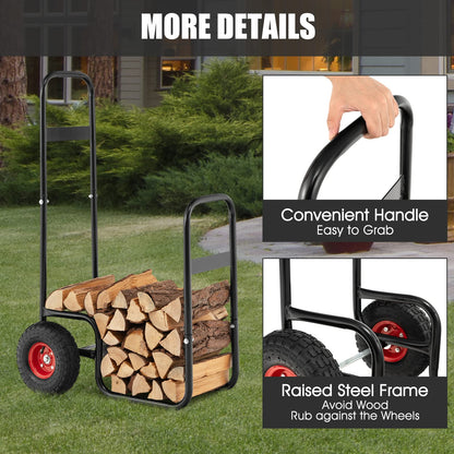 Goplus Firewood Cart with Wheels, Outdoor Indoor Rolling Fire Wood Log Cart with Pneumatic Rubber Tiers, 220 LBS Load Capacity Heavy Duty Steel Wood Storage Hauler, Log Holder Rack for Fireplace