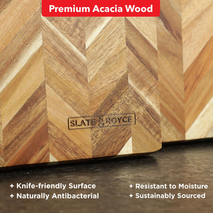 SLATE & ROYCE Herringbone Acacia Wood Cutting Board Set of 2 — Premium Wood Cutting Board & Serving Board, Non-Toxic, Kitchen Prep & Entertaining, Perfect Wedding or Housewarming Gift