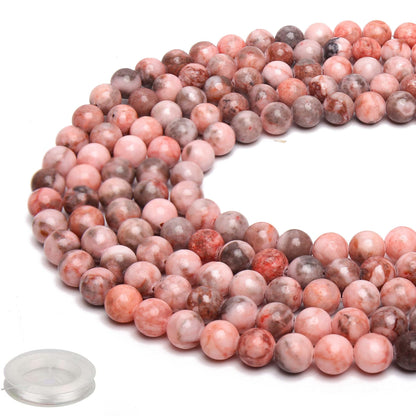70PCS Natural 8MM Healing Gemstone, Pink Zebra Jasper Energy Stone Round Loose Beads, Semi-Precious Crystal Beads with Free Elastic String for Jewelry Making DIY