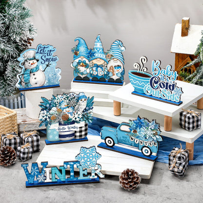 Wenqik 6 Pcs Winter Wooden Table Decorations Blue Wood Tabletop Sign Centerpiece Rustic Winter Snowflake Snowman Gnomes Decorations for Office Desk Farmhouse Home Kitchen Shelves Decorative