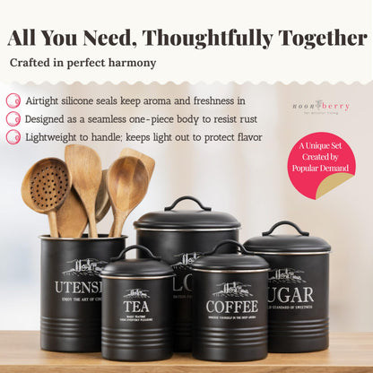 noonberry Kitchen Canisters for Countertop – 5-Piece Airtight Canister Sets for the Kitchen Counter with Utensil Holder – Flour Sugar Coffee Tea Containers – Matte Black Finish