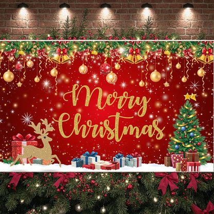 Red Gold Merry Christmas Banner Festive Party Backdrop Xmas Decorations for Home Office Christmas Eve Holiday Celebration