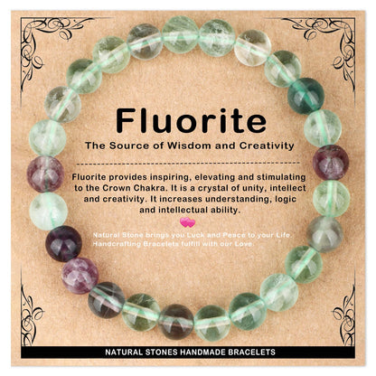 AD Beads 8mm Handmade Fluorite Elastic Bracelet – Natural Gemstone for Is the source of Wisdom and Creativity – Meditation, Yoga, Healing and Energy Gift for Men Women
