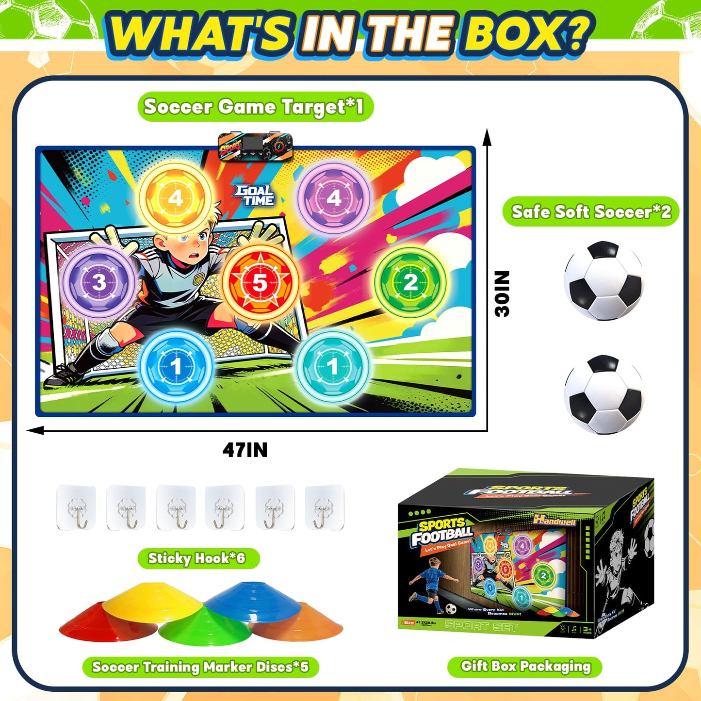 Electronic Scoring Soccer Toy Game Set for Kids with 5 Training Disc&2 Soft Balls,Indoor Outdoor Soccer Target Game Real-time Scoring 3 Modes Birthday Gifts for 3 4 5 6 7 8 9 10+ Years Old Boys Girls