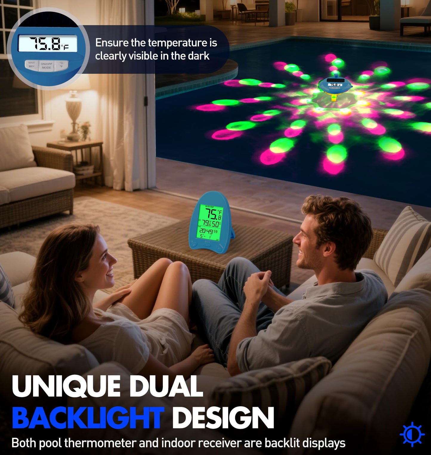 Pircaath 2025 Solar Wireless Pool Thermometer | Dynamic LED Light Show & Dual Backlit Display - Easy Read, 650FT Wireless Transmission | Floating Pool Water Temperature Gauge for Pools & Spas