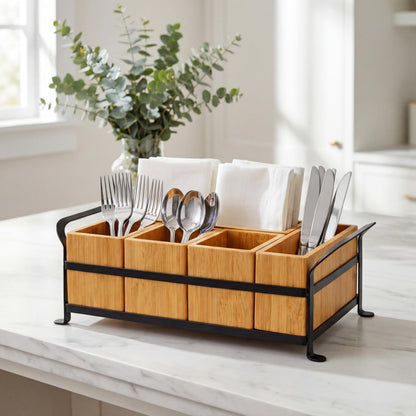 GOXTBBW Bamboo Utensil Caddy with Handle - 5 Compartment Silverware Holder for Party & Kitchen Countertop - Removable Wooden Flatware Organizer for Picnic, BBQ, Buffet, RV & Outdoor Dining